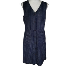 Old Navy Size S Linen Blend Dress Button Front Midi Pockets Navy Blue Striped