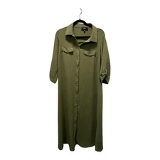 NAIF Womens Olive Green Crinkle Texture Button Down Shirt Dress Maxi Size M