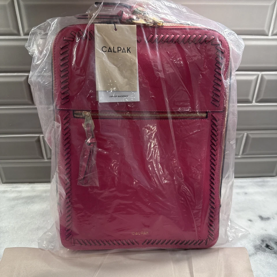 CALPAK Kaya 17 Inch Laptop Backpack in Dragonfruit Pink Stylish Vegan Leather - Image 2 of 4