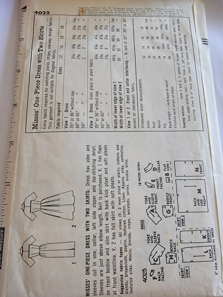Simplicity 4025 Pattern Dress Slim / Soft Pleats Vintage Size 16 Bust 36 Inch  - Image 2 of 2