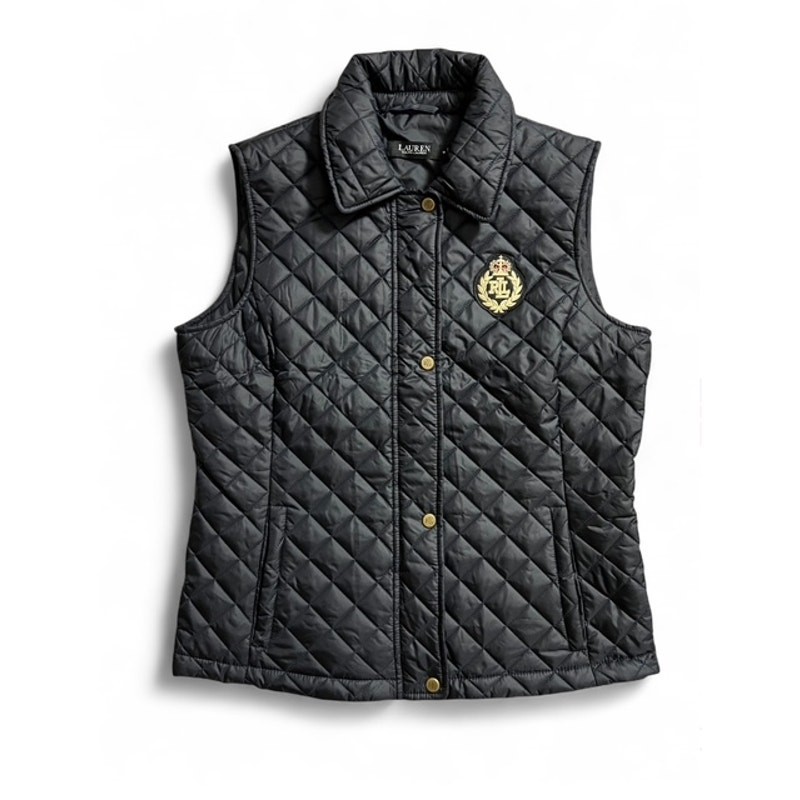 Lauren Ralph Lauren Black Crest Patch Quilted Vest Sz M