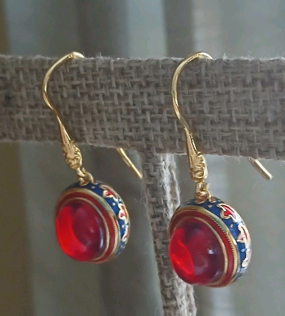 Ruby Red Glass  Cloisonne Dangle Drop Pierced Gol… - image 1