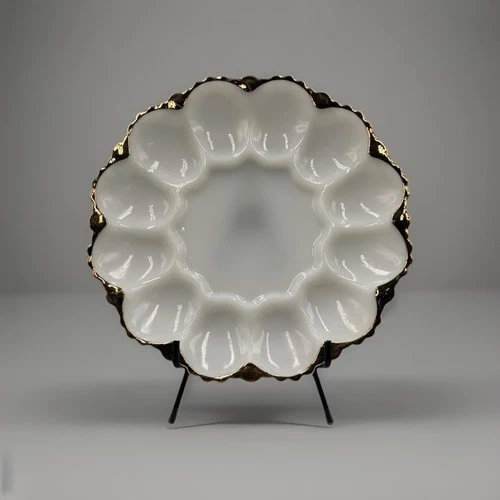 Vintage Anchor Hocking White & Gold Milk Glass Dish Deviled Egg Plate Tray