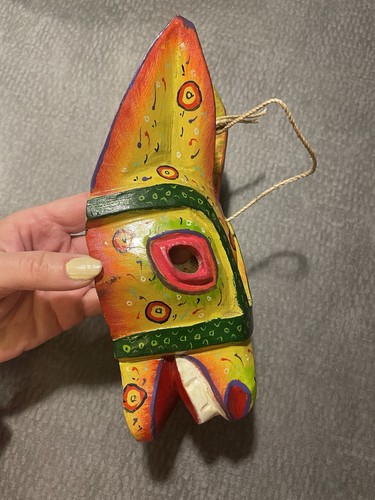 Handmade Wooden Donkey Mask Yellow Red Green Painted Guatemala FolkArt 11” READ - Afbeelding 3 van 6