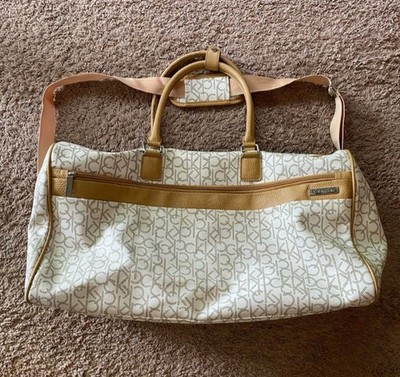 Calvin Klein Beige Brown Logo Print Duffel Bag Adjustable Straps Top Handles