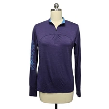 Ibex 100% Merino Wool Purple Floral Long Sleeve 1/4 Zip Baselayer Shirt Womens L