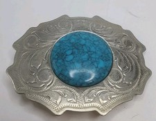 Vintage Etched Turquoise Nickel Silver Belt Buckle Stamped Southwestern Cowboy