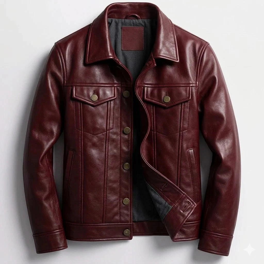 Dark Red Men's Genuine Lambskin Leather Trucker Jacket Denim Style Coat Jacket