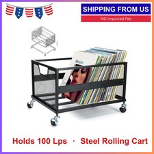 Metal Vinyl Record Storage Crate Wheels 100 LP Album Holder Rack Black Portable