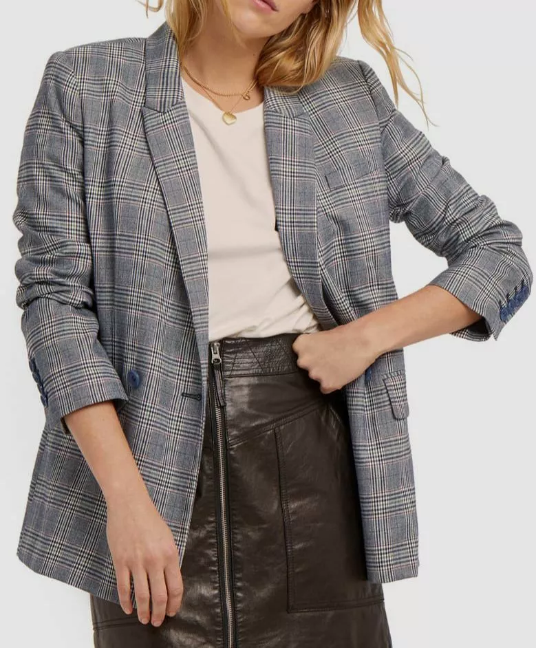 630 REBECCA MINKOFF Women s Blue Plaid Double Breasted Sport Jacket Blazer 12