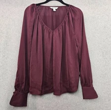 Nine West V-Neck Blouson Top Women's Small Plum Burgundy Shadow Stripe