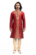 itailorman Indian Men's Kurta Churidar Set Red Embroidered Festive Ethnic Wear