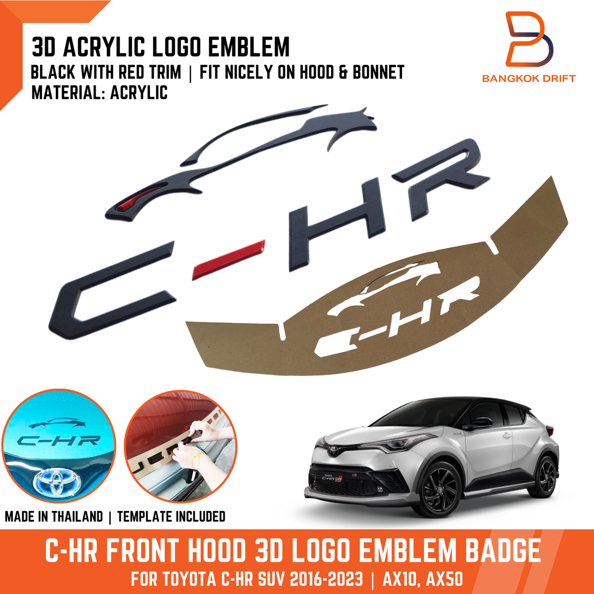 BLACK C-HR FRONT HOOD 3D ACRYLIC LOGO EMBLEM BADGE Letter For