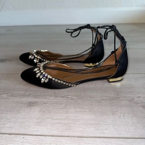 Aquazzura Alexa Jewel Flats in Black Satin Embellished Crystals Tie Up Flats - Picture 7 of 15