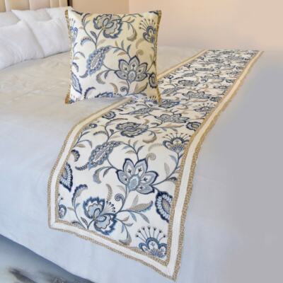 Designer Blue Cotton Queen Bed Runner, Floral, Jute Lace- Morning Glories