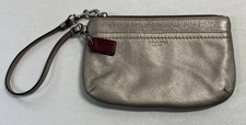Coach Wristlet Gold Pebbled Leather Silver Hardware Blingy Preppy Metallic