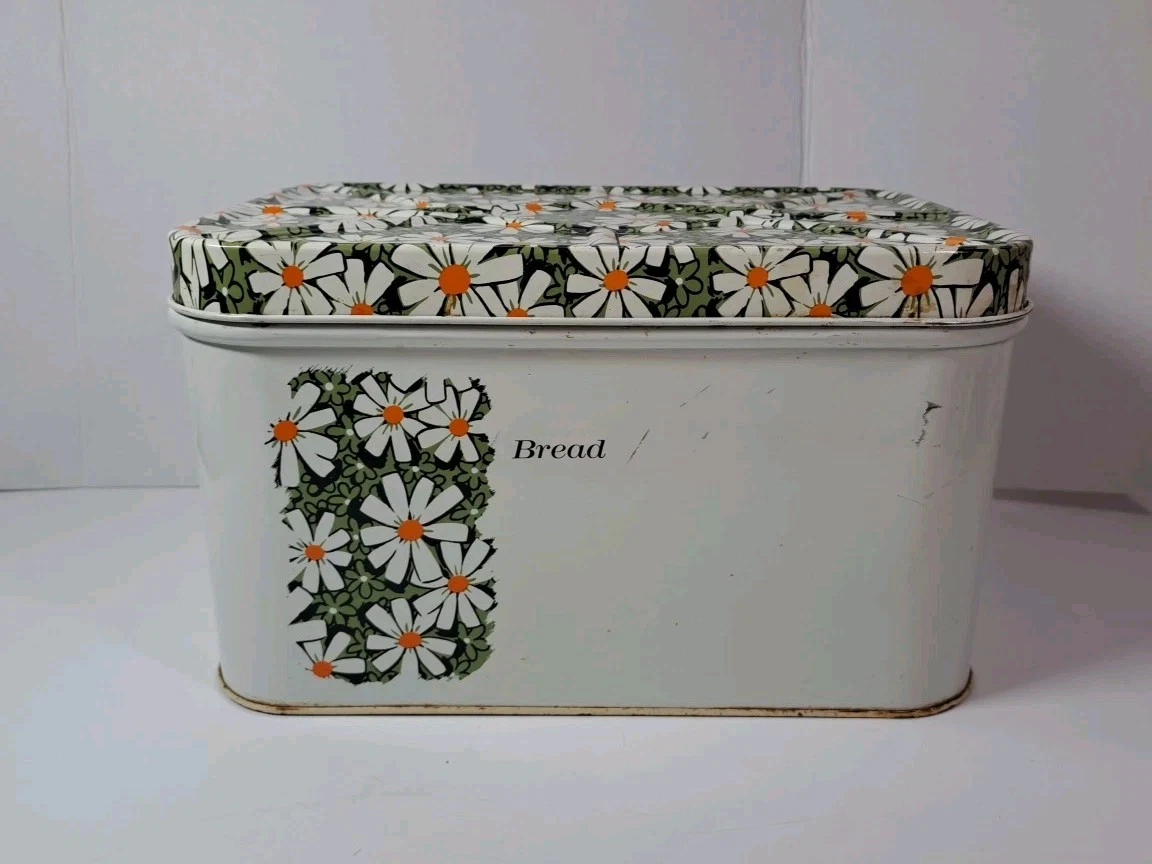Vintage Retro Daisy Flower Metal Bread Box With Hinged Lid Made In USA
Opens in a new window or tab
