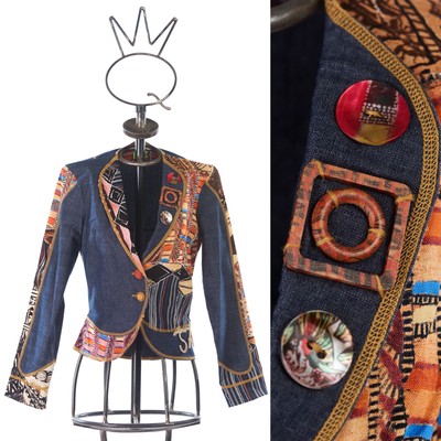 SAVE THE QUEEN JACKET DENIM LOGO EMBROIDERED w PRINTED ACCENTS sz S SMALL