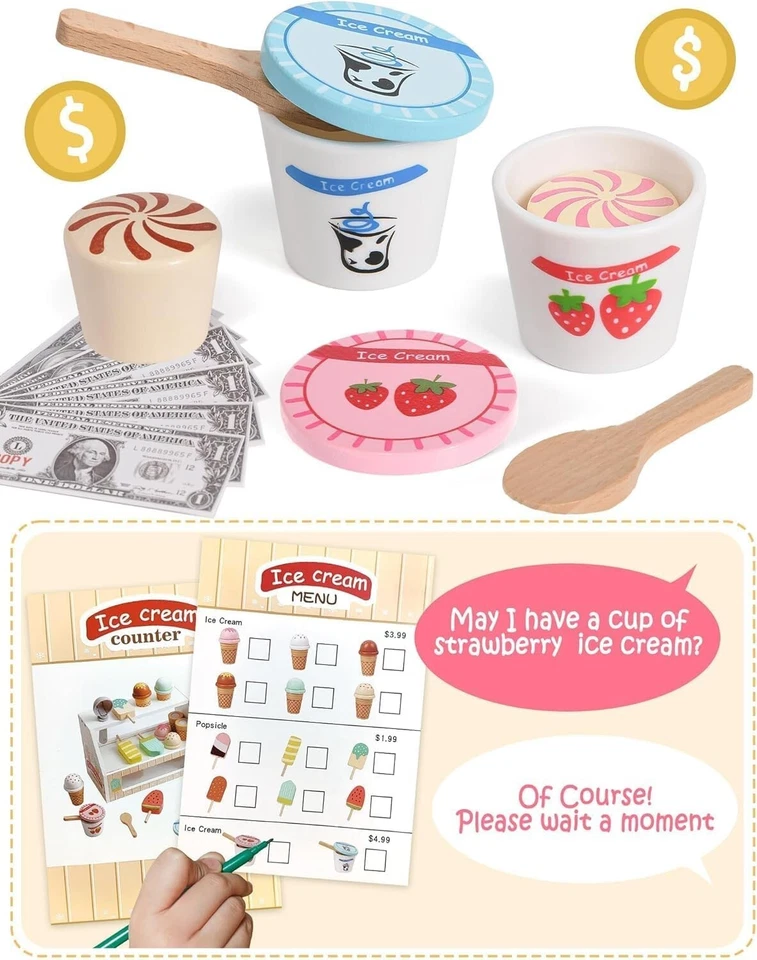 Wooden Ice Cream Toys Kids Pretend Play Store Toys for Toddlers Girls 3-5, Play - image 3 of 4