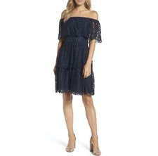 Eliza J Navy Blue Lace Lined Off Shoulder Dress.  Sz 14 Party Holiday Coquette