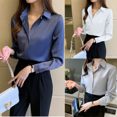 White Shirts Top Blouse Sleeve Lady Long Size Women Plus Office Silk Basic  Shirt