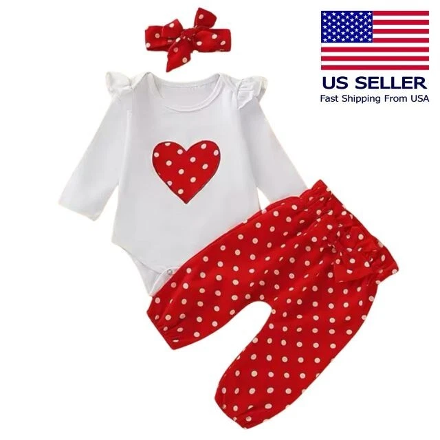 3PCS SET 0-3Month Baby Girl Clothes Love Heart Long Sleeve Romper+Pants+Hairband