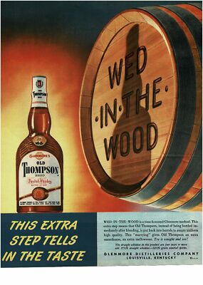 1951 Glenmore OLD THOMPSON Whiskey Barrel Wed In The Wood art Vintage Print Ad
