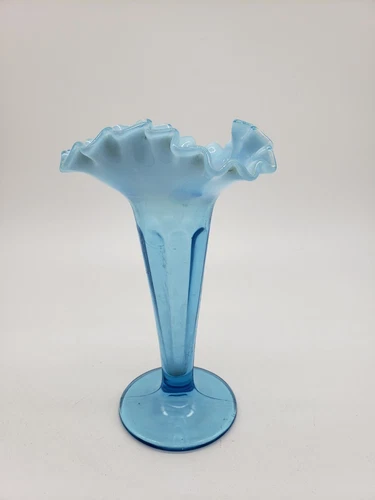 Vtg Fenton Blue Bud Vase Crimped Ruffled Rim Paneled    T46