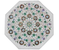 18" Marble Side Table Top Pietra Dura Work Semi Precious Stone Home Furniture 