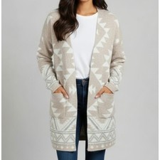 Frye The Cozy Open Front Sweater Cardigan Aztec Oatmeal Heather Combo Size XL