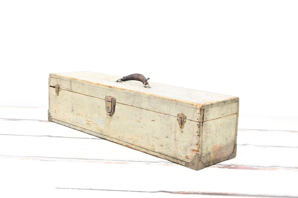 Antq Carpenters Box Antique Wood Toolbox Greenish Gray Wood Trunk Leather Handle - Image 3 of 4