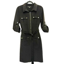 Sharagano Utility Shirt Dress Size 10 Black Zip Front Belted Career Work Midi