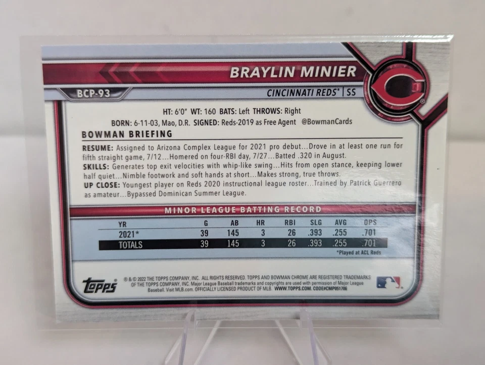 2022 1st Bowman Chrome Braylin Minier 1st Prospect BCP-93 Rookie RC Reds - Image 4 of 4
