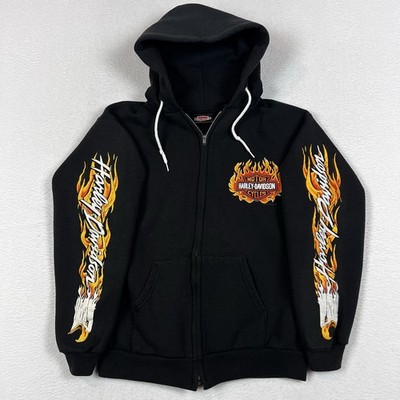 VTG 90s Harley Davidson Zip-Up Hoodie With Flame Eagle Hits On Sleeves Mens M