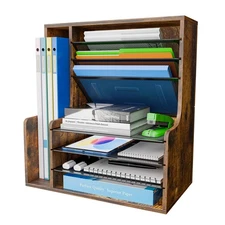 7 Tier Desk File Organizer Wooden Letter Tray Paper Organizer with Adjustable...