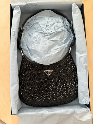 Prada Cleo Satin Bag with Crystals Metal Silver NEW NWT Authentic