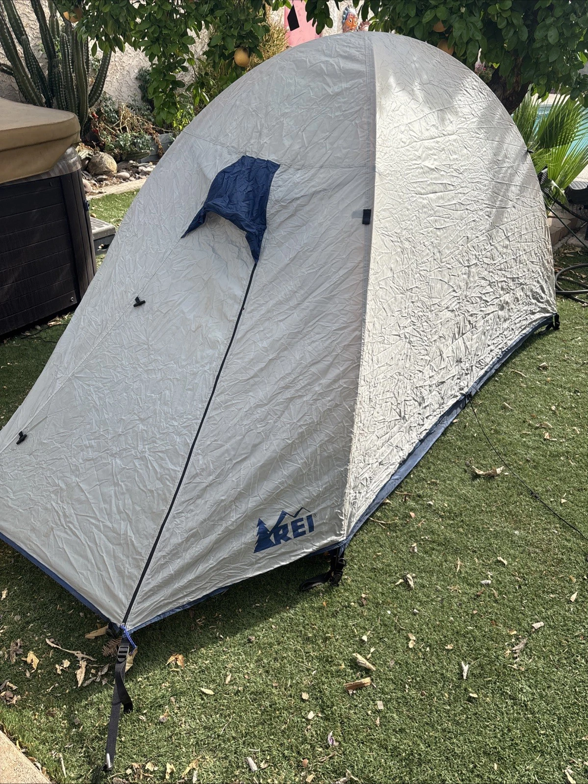 Vintage REI Half Dome Silver Tent Camping & Rain Fly Blue Gray Hike Backpacking