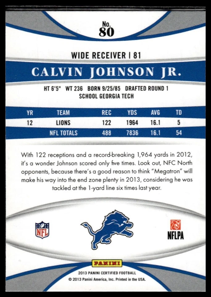 2013 Panini Certified #80 Calvin Johnson Jr. - Image 2 of 2