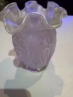 1990's Fenton  Pink Carnival opalescent Daffodil Vase, Ruffled Rim, 5 “ tall
