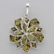 Natural, Green BALTIC AMBER Pendant 925 STERLING SILVER Poland #1902e