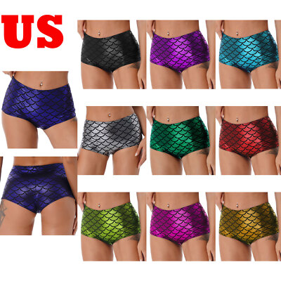 Womens Shiny Fish Scale Booty Shorts Pole Dancing Holographic Mermaid Panties