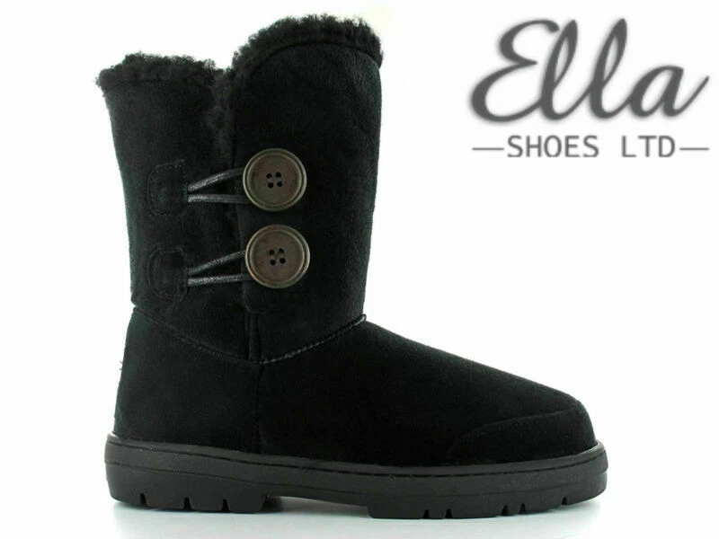 Ladies Ella Winter Boots Black Faux Fur Sheepskin Mid Calf Button Warm Booties