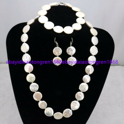11-12mm White Freshwater Cultured Coin Pearl Necklace Bracelet Earring Set