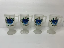 Vintage Frosted Pedestal Hot Chocolate Mugs Hand Painted Blue Floral. Set Of 4