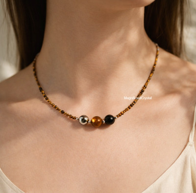 Dainty Triple Energy Protection Choker Tiger Eye Hematite Obsidian Necklace