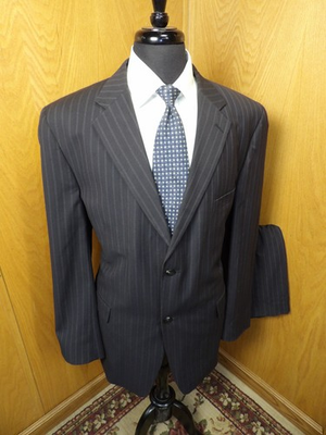 #ad Mazzoni Mens Suit 46L 38 X 30 Black Pinstripe Poly Rayon B6 #1 $49.99
