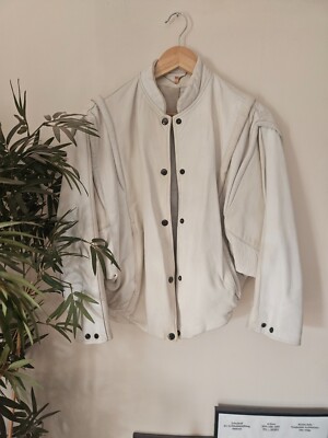 Prissy Vintage weiß creme Echtleder Einsatz Bomber College Baseball Jacke UK 