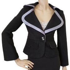 Chloe Wool Blend Satin Contrast Blazer Jacket Sz 2 Black Silver-gray