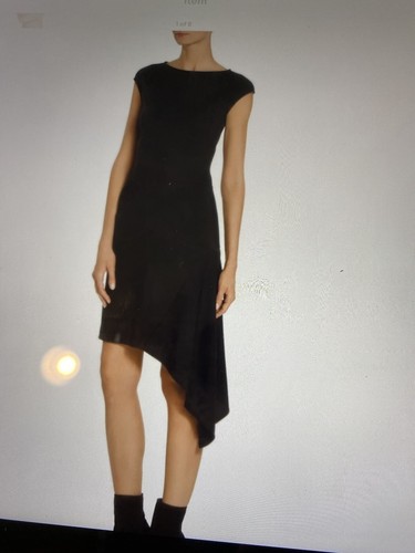 $995 ST. JOHN Asymmetrical Milano Knit Cap Sleeve Dress Black Caviar 6 - Picture 1 of 6