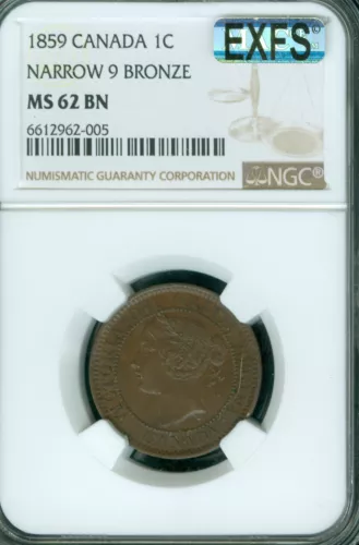 1859 NARROW 9 CANADA LARGE CENT NGC MS62 BN MAC EXFS EXCEPTIONAL FIRST STRIKE *